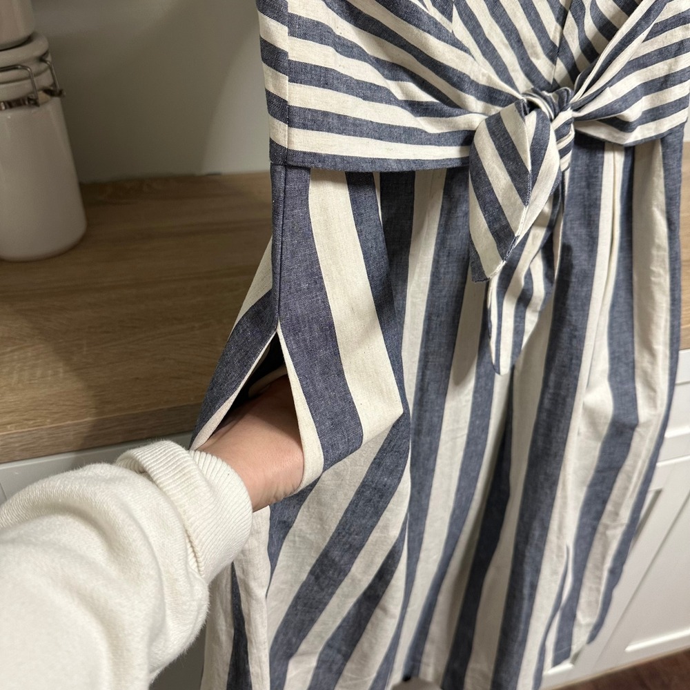 Lafayette 148 Ximena Striped Dress Women M Midi Coastal Linen Tie Pockets Career - Picture 5 of 10